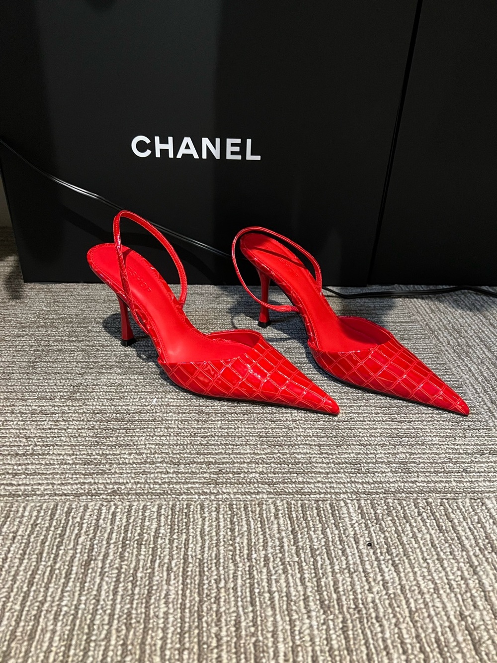 Red Quilted Pointed Slingback Pumps
